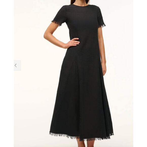 STAUD Black Le Havre Frayed Edges Cotton Midi Dress Women's Size M/L NWT Beach - Picture 1 of 11